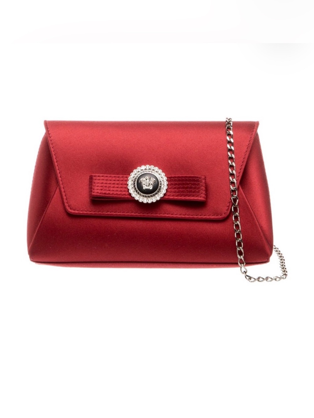 Versace Medusa Crystal Clutch Bag Red Satin Envelope Chain Shoulder Bag Italy